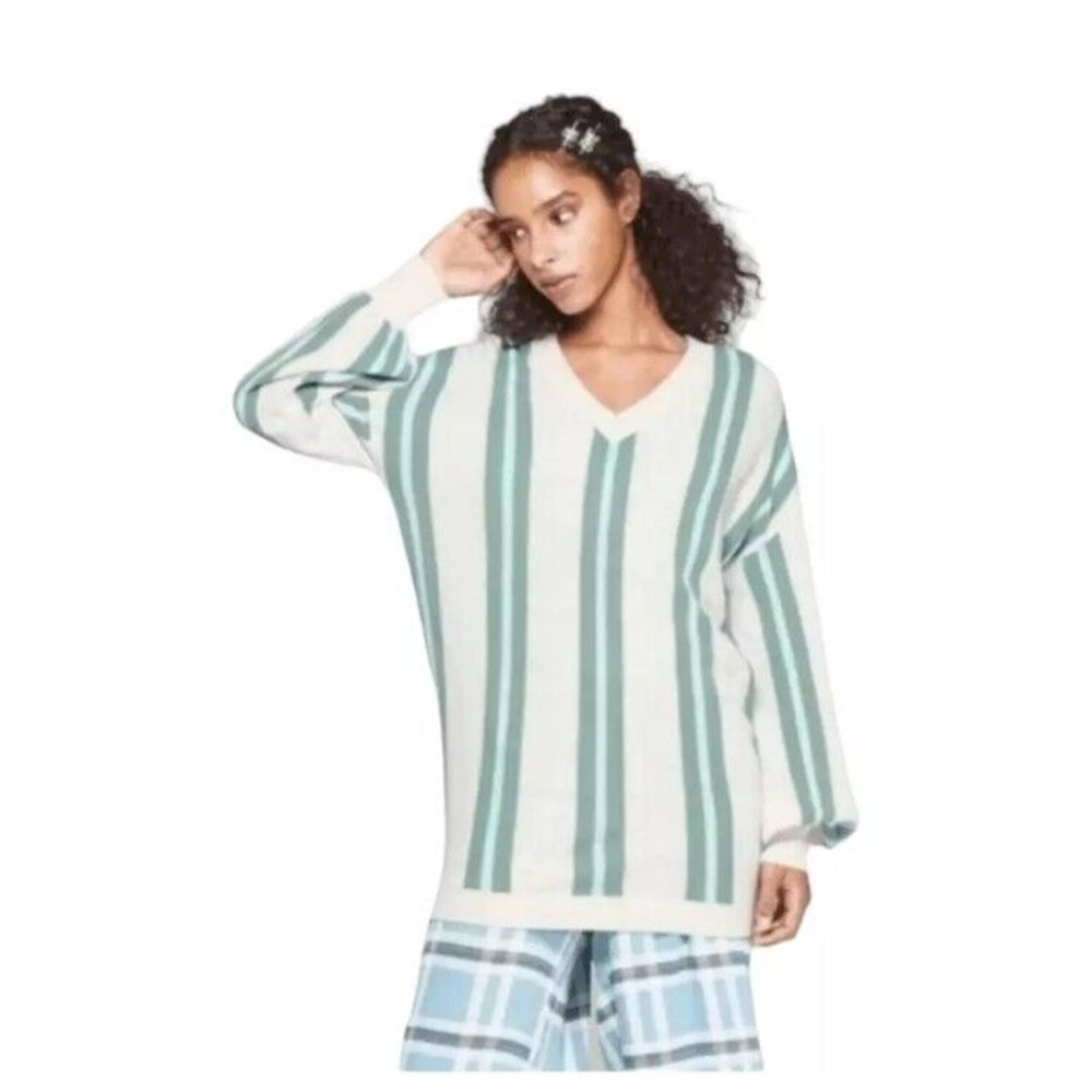 Wild Fable Oversized Striped V-Neck Balloon Sleeve Sweater Medium